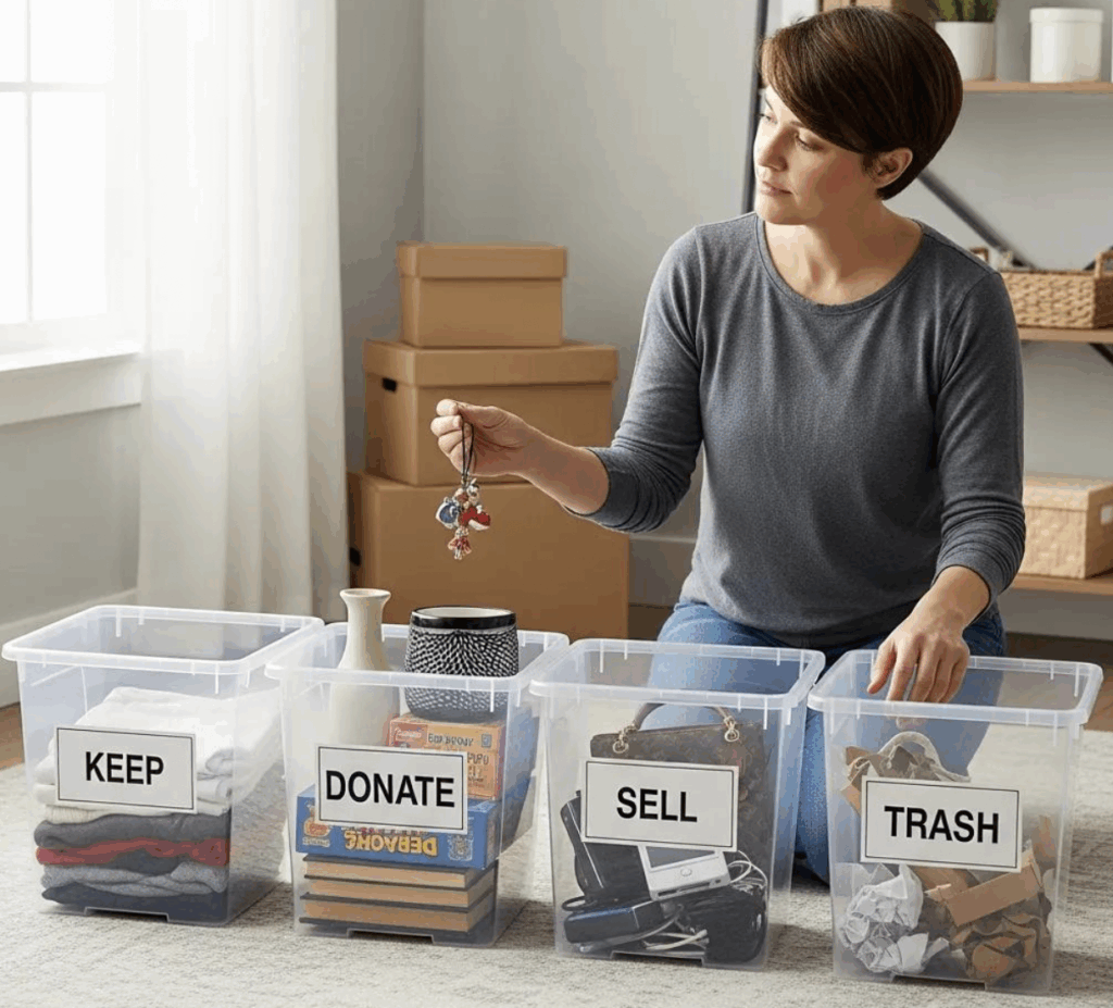 Woman sorting items into labeled bins: "Keep," "Donate," "Sell," and "Trash," with moving boxes in the background, illustrating the decluttering process for a long-distance move.