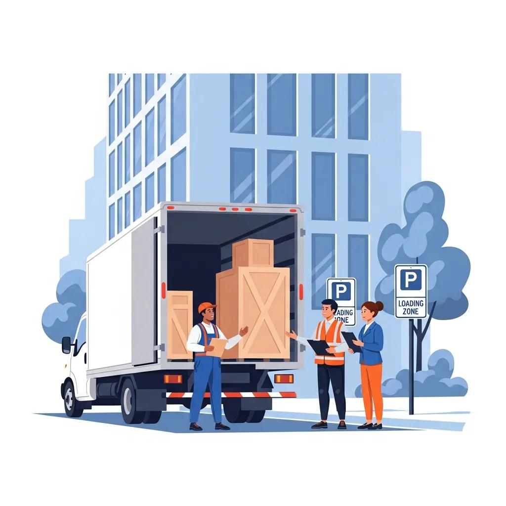 Moving crew coordinating logistics in front of a high-rise building, highlighting urban moving challenges