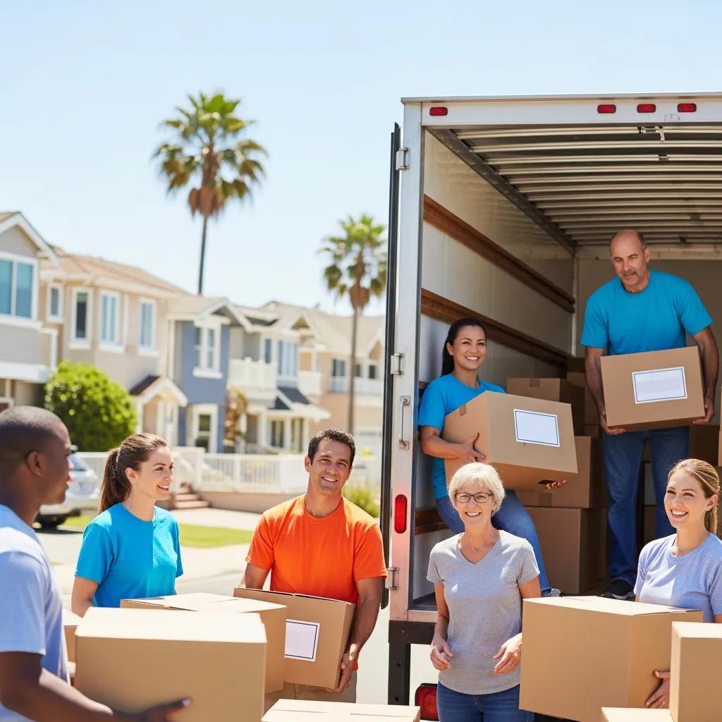 Moving crew packing items into a truck in a beach neighborhood, illustrating local moving services