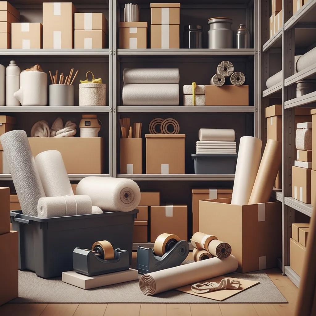 Organized storage unit with packed boxes and packing supplies for efficient storage