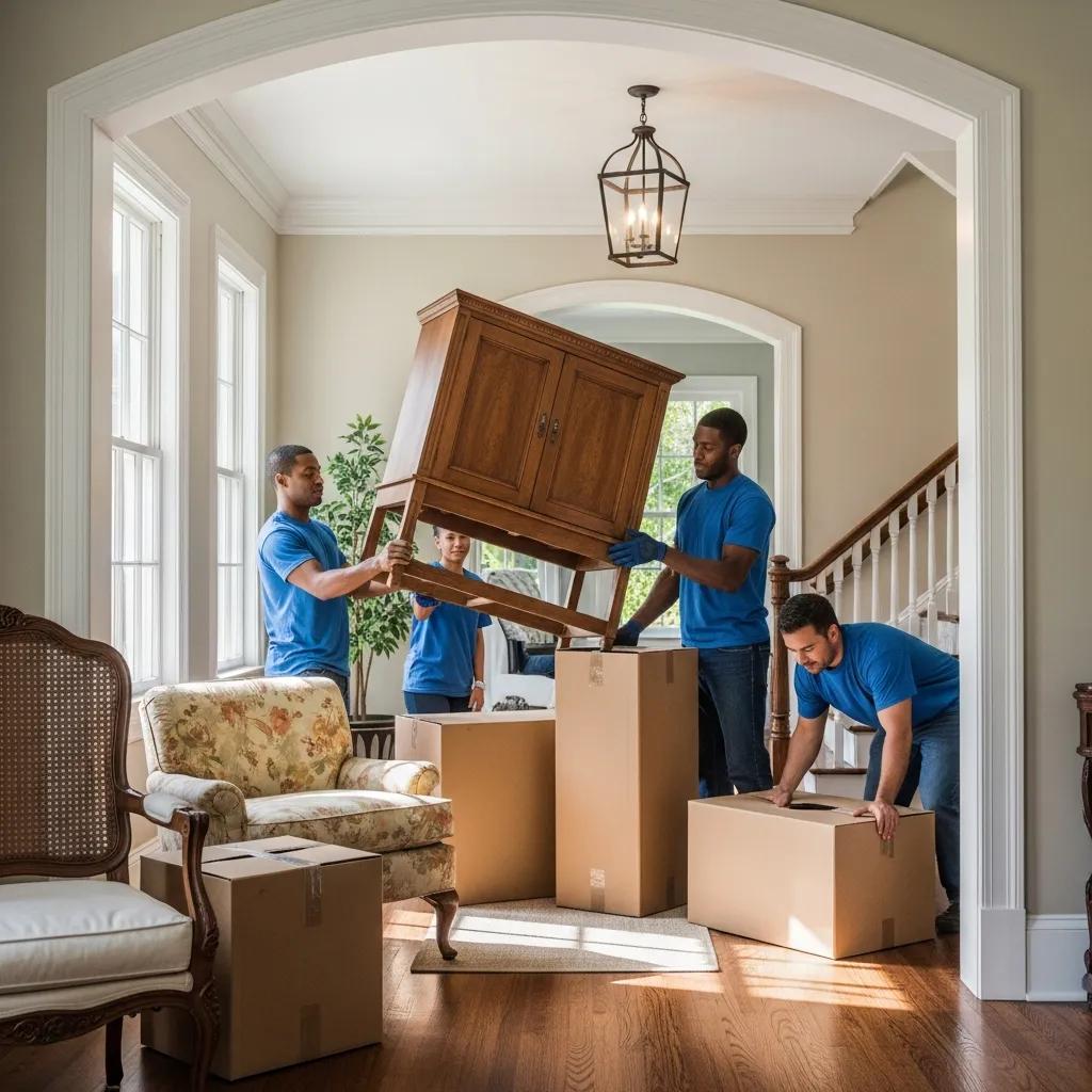 Professional movers handling antique furniture in a historic San Marco home