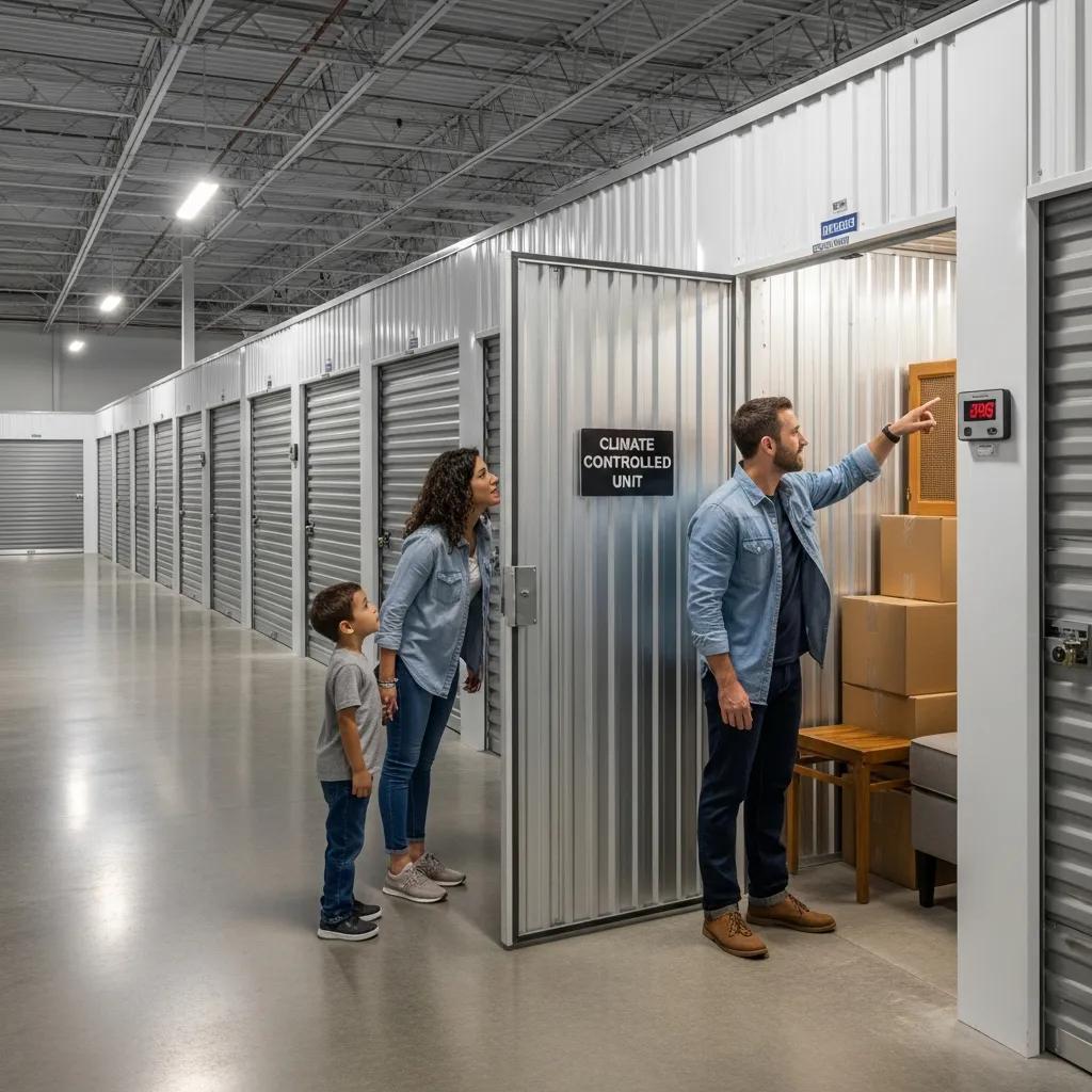 Secure storage facility with various unit sizes, showcasing climate-controlled options for residents