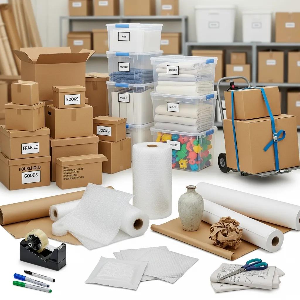 Variety of packing supplies including boxes and protective materials for storage organization