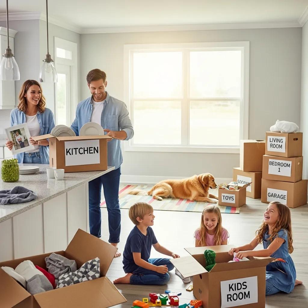 A family unpacking boxes in their new home in Baymeadows, highlighting the benefits of hourly moving services