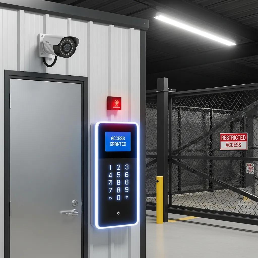 Advanced security features at Skinner Moving & Storage, including surveillance camera, keypad entry with "Access Granted" display, and restricted access signage, ensuring safe storage solutions.
