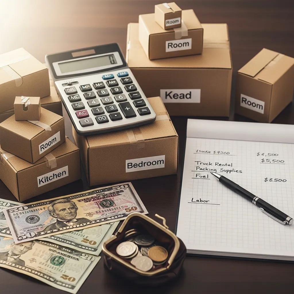 Calculator and moving supplies representing the determination of long distance moving costs
