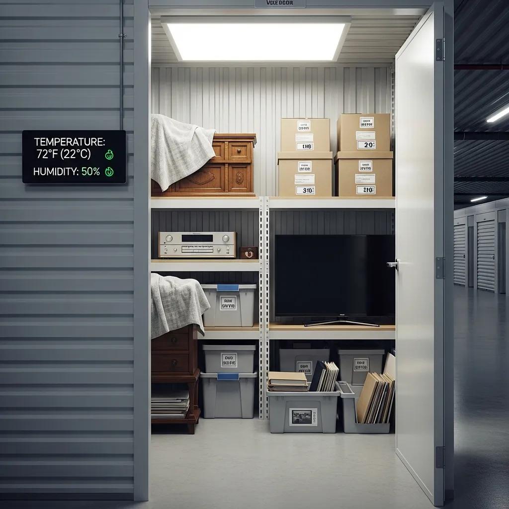 Climate-controlled storage unit showcasing safe storage of sensitive items like electronics and documents, with visible temperature and humidity indicators.