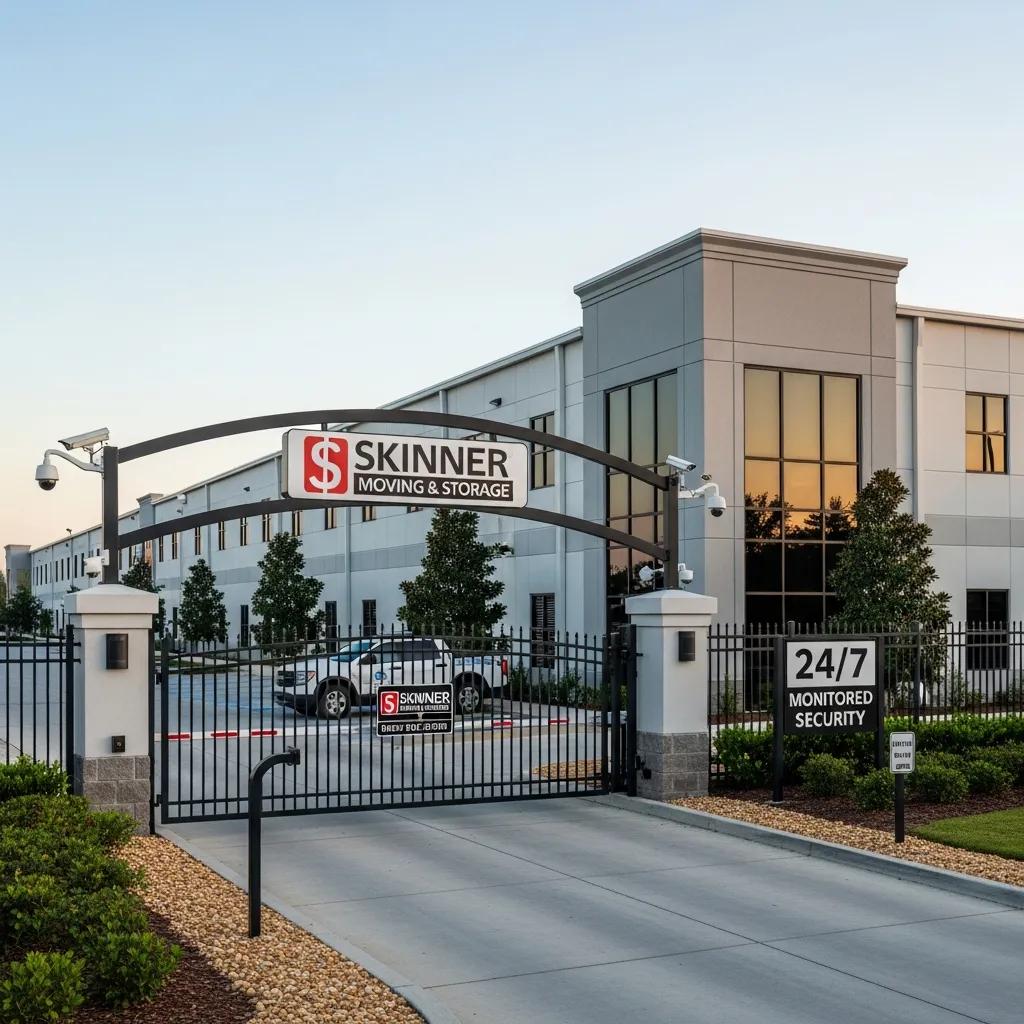 Exterior view of Skinner Moving & Storage facility showcasing security features