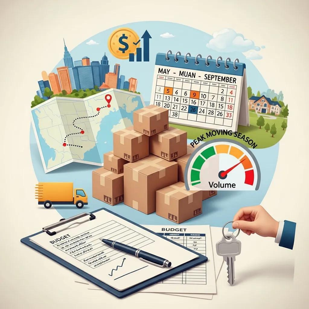 Illustration depicting factors influencing long-distance moving costs, including a map with a route, stacked boxes, a calendar highlighting peak moving season, a budget checklist, and a hand holding keys, emphasizing distance, volume, and seasonality in the moving process.