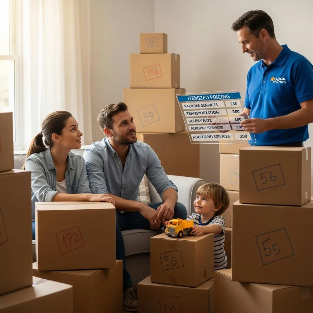 Family discussing moving prices with a local mover in a cozy living room filled with packed boxes