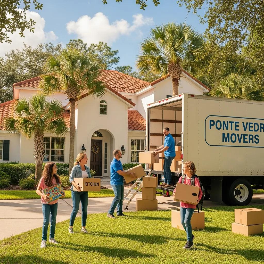Family moving into a new home in Ponte Vedra, showcasing local movers and a cheerful atmosphere