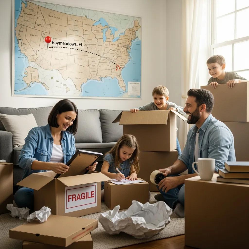 Family packing for a long-distance move from Baymeadows, FL, with moving boxes and a map