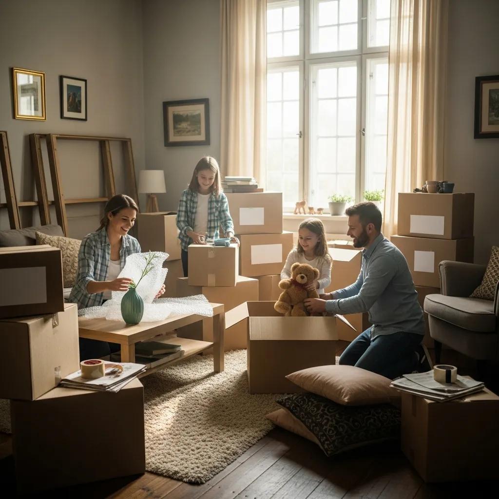 Family packing for a long distance move, showcasing excitement and preparation