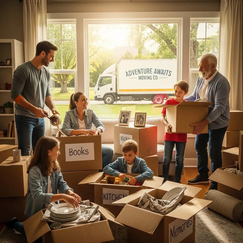 Family packing for a long distance move with a moving truck outside