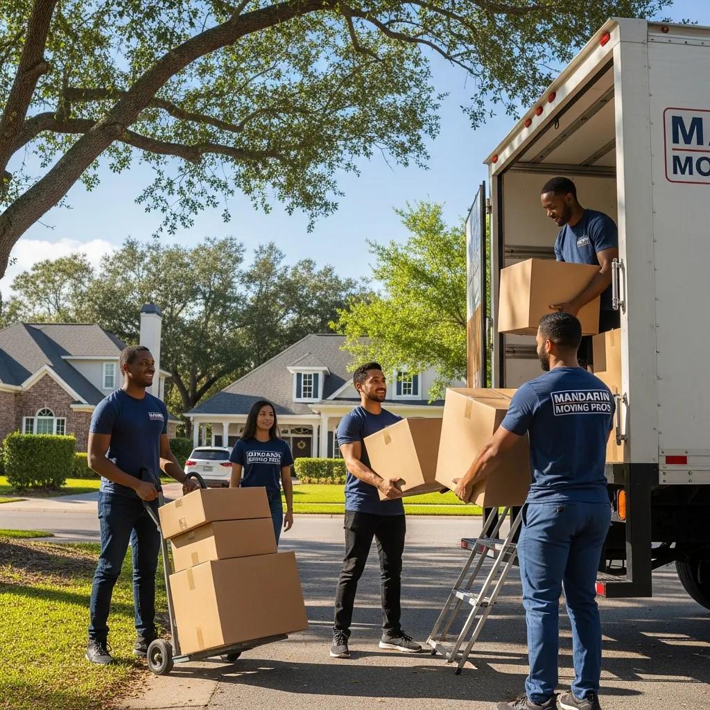 Friendly moving team loading boxes into a truck in Mandarin Jacksonville, representing stress-free relocation services