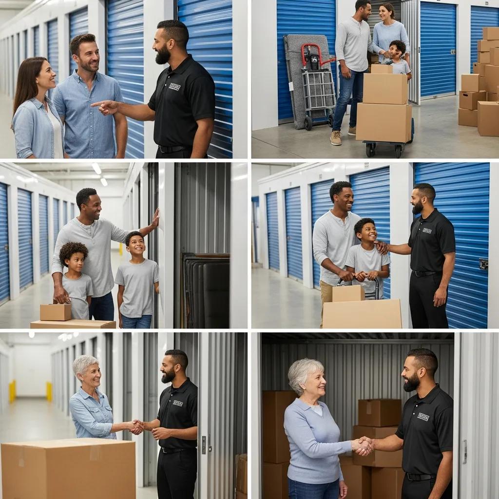 Happy customers interacting with staff at Skinner Moving & Storage facility