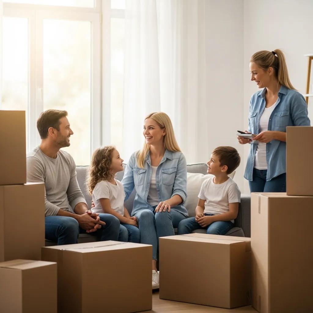 Happy family in their new home, sharing positive experiences about flat rate local moving