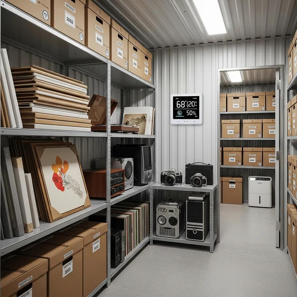 Interior of a climate-controlled storage unit with organized boxes and sensitive items, illustrating protection benefits