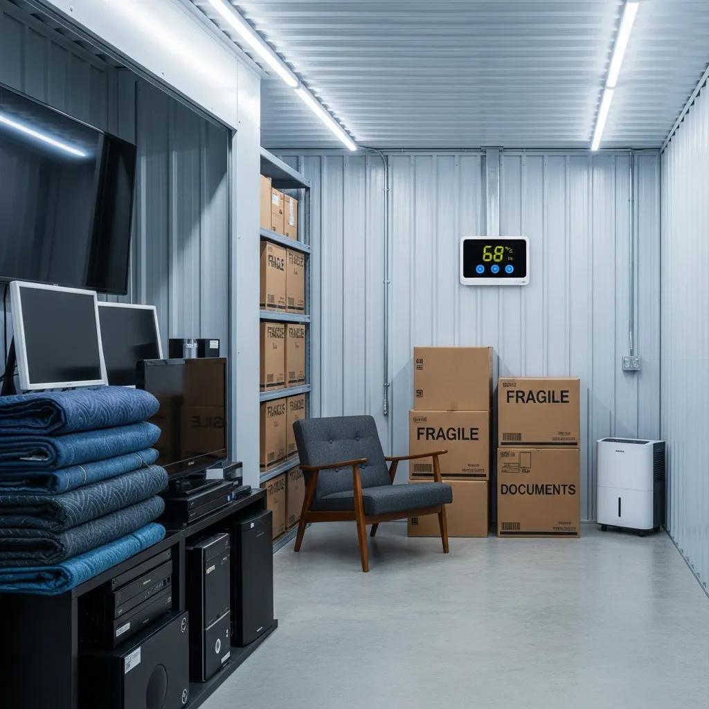 Interior of a climate-controlled storage unit with organized electronics and furniture
