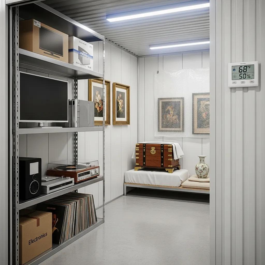 Interior of a climate-controlled storage unit with organized sensitive items