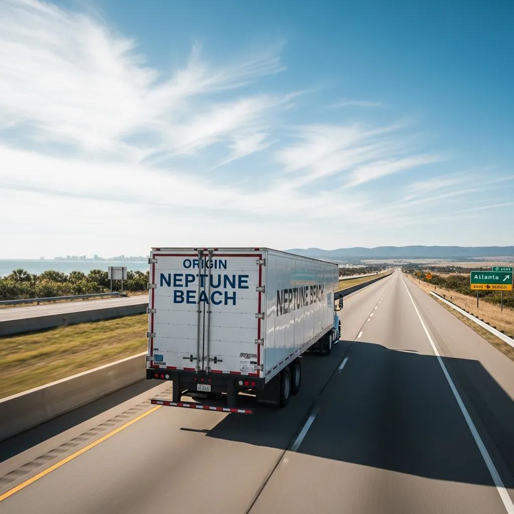 Long-distance moving truck labeled "Neptune Beach" driving on a highway, representing Skinner Moving & Storage's seamless relocation services.