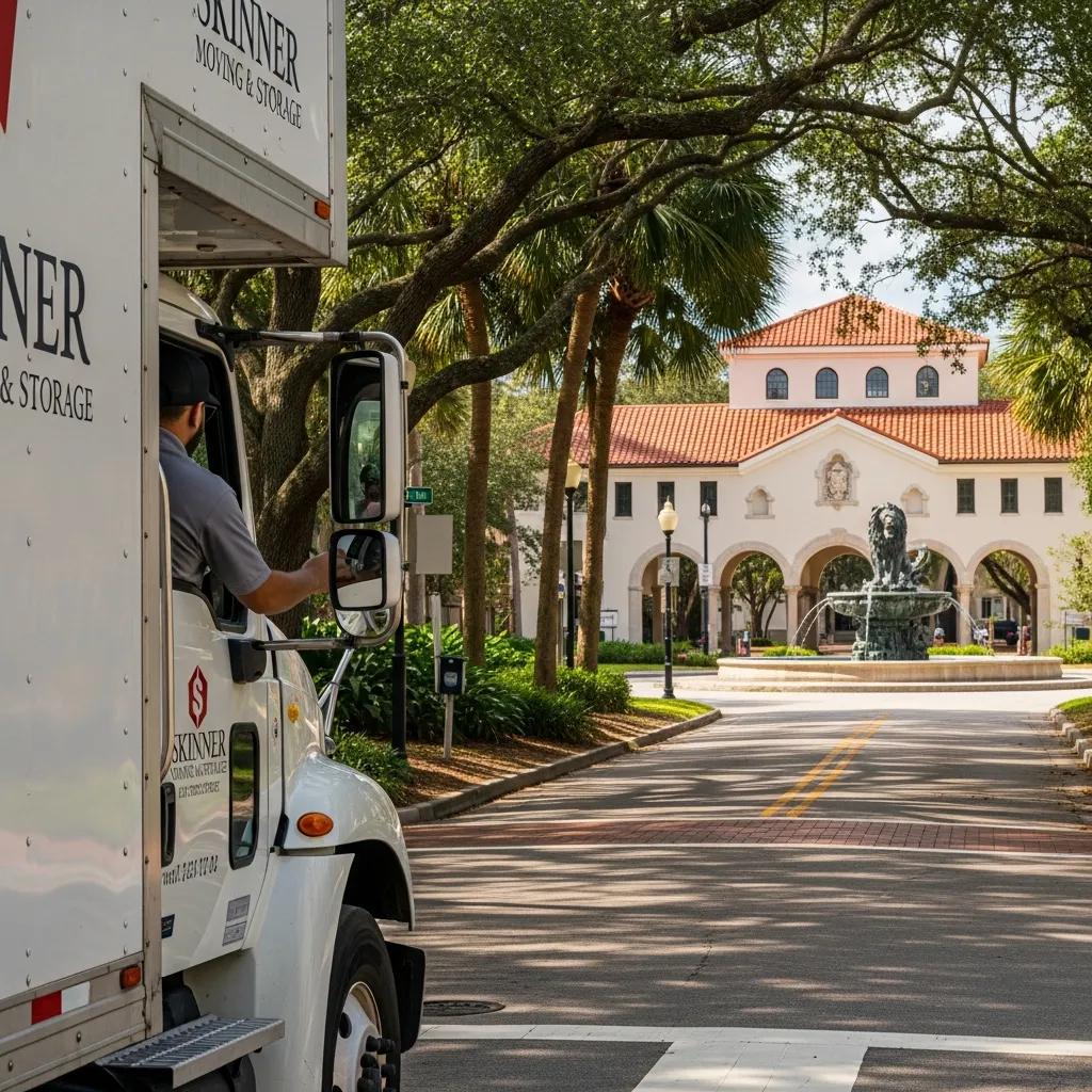 Mover driving Skinner Moving and Storage truck through San Marco, Jacksonville, showcasing local expertise and efficient navigation in the area.