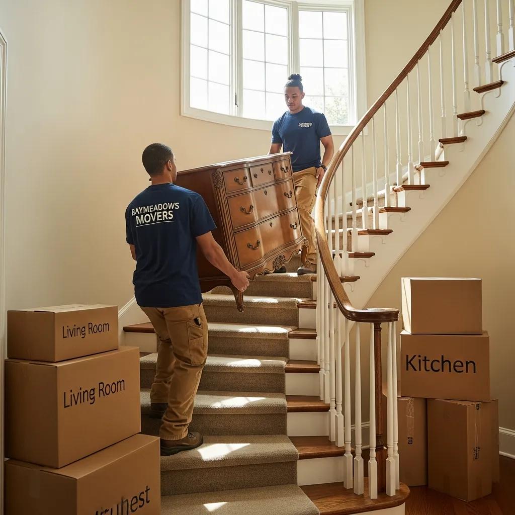 Movers navigating a staircase with furniture during an apartment move in Baymeadows, demonstrating professionalism and expertise