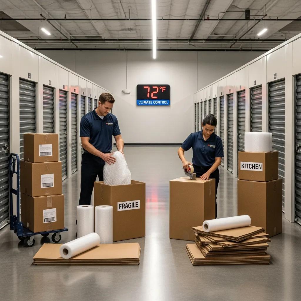 Moving team packing boxes in a climate-controlled storage facility, highlighting specialized packing and storage services in Neptune Beach.