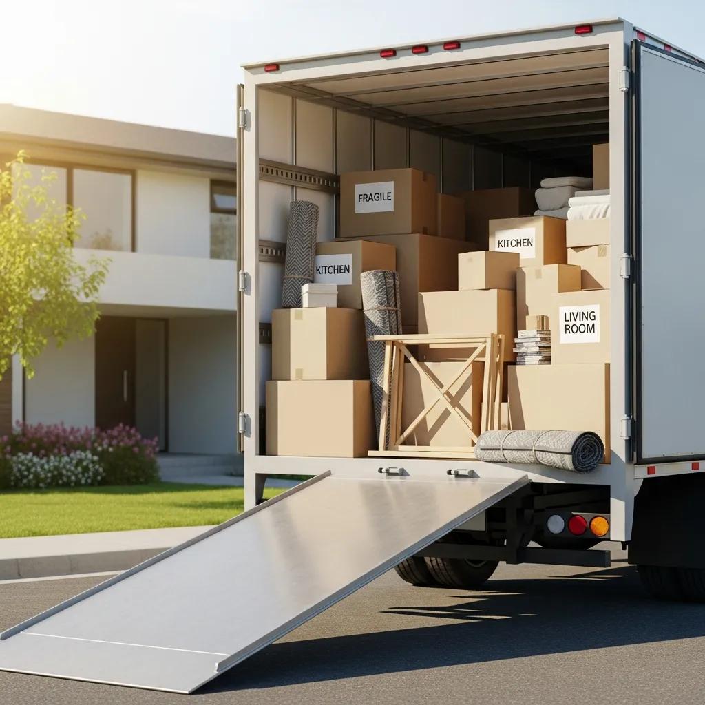 Moving truck filled with boxes and furniture outside a home, illustrating factors influencing moving costs