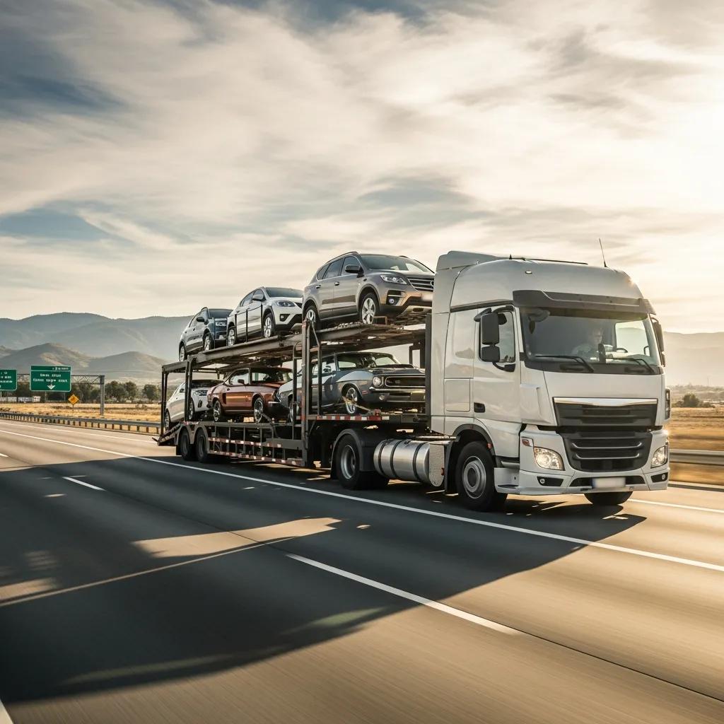 Moving truck with a car on a transport trailer on a scenic highway