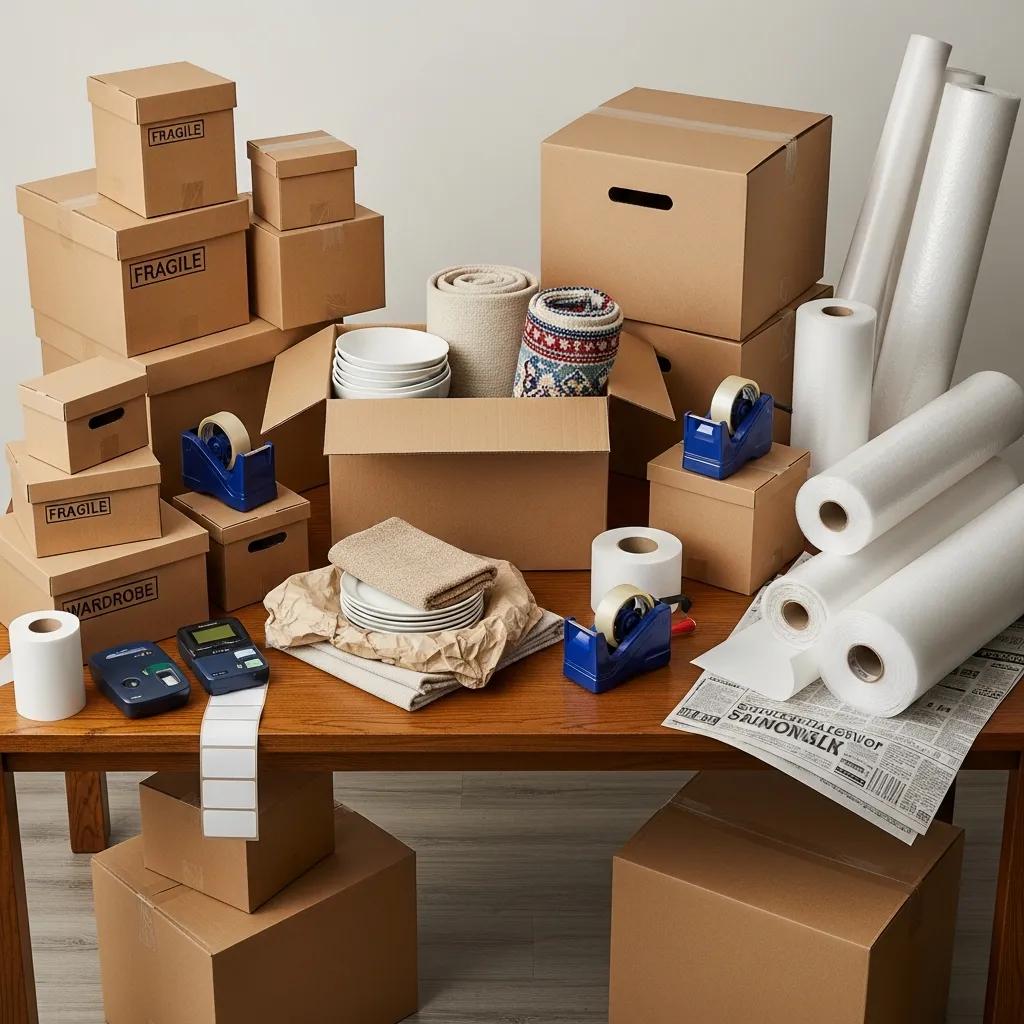 Packing materials and supplies for a long distance move, emphasizing organization and preparation