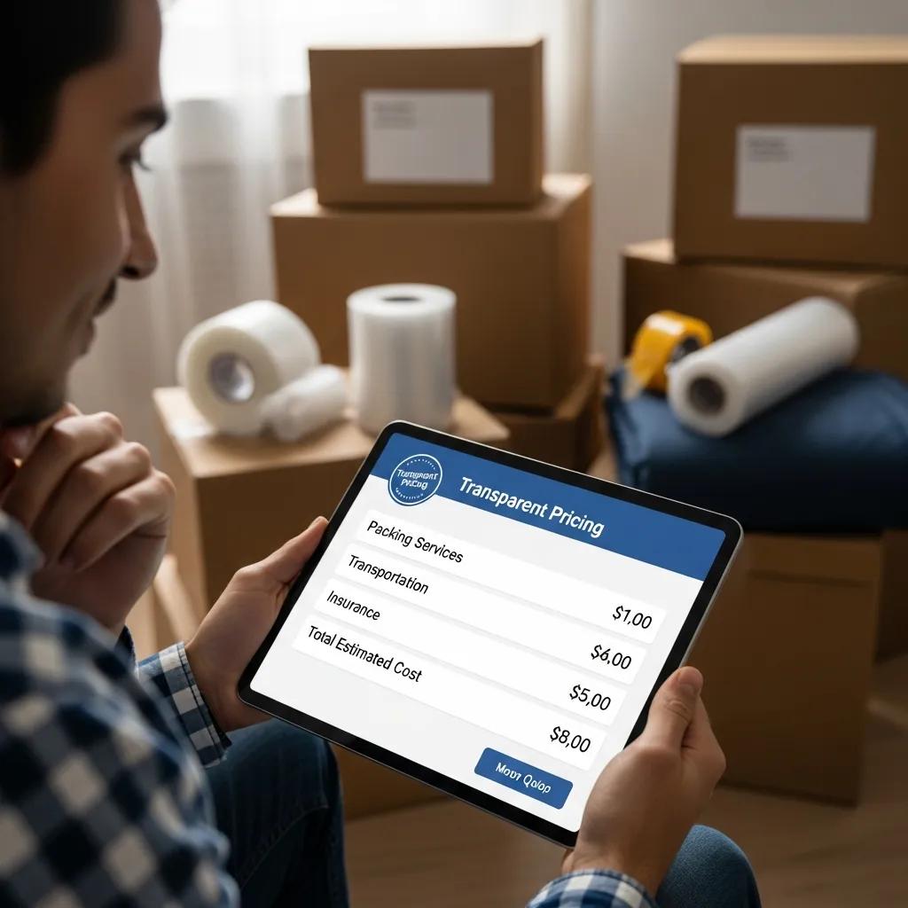 Person reviewing transparent moving quote on tablet, highlighting budget clarity with packing services, transportation, and estimated costs, surrounded by moving boxes and supplies.