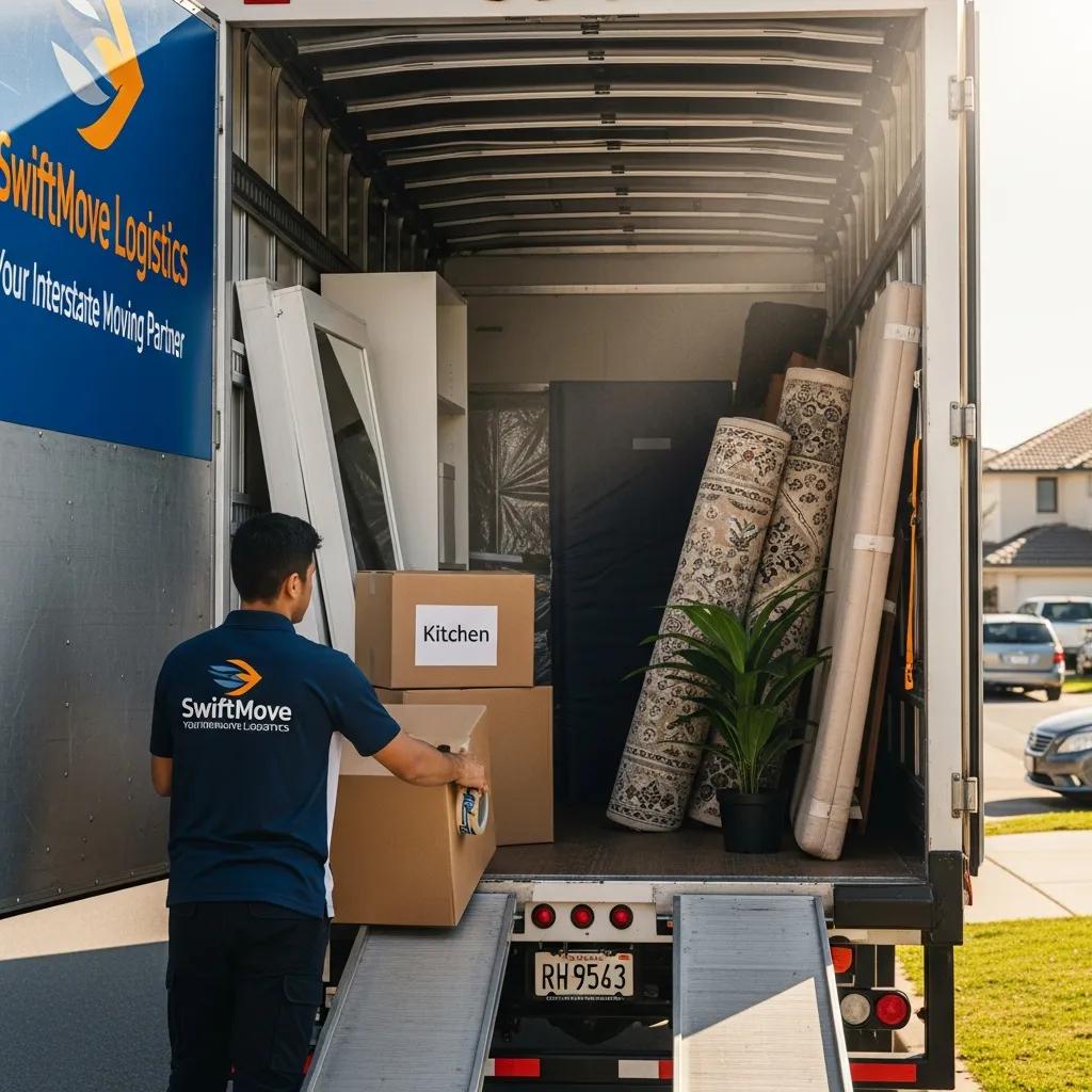 Professional mover loading household items into a moving truck for interstate relocation