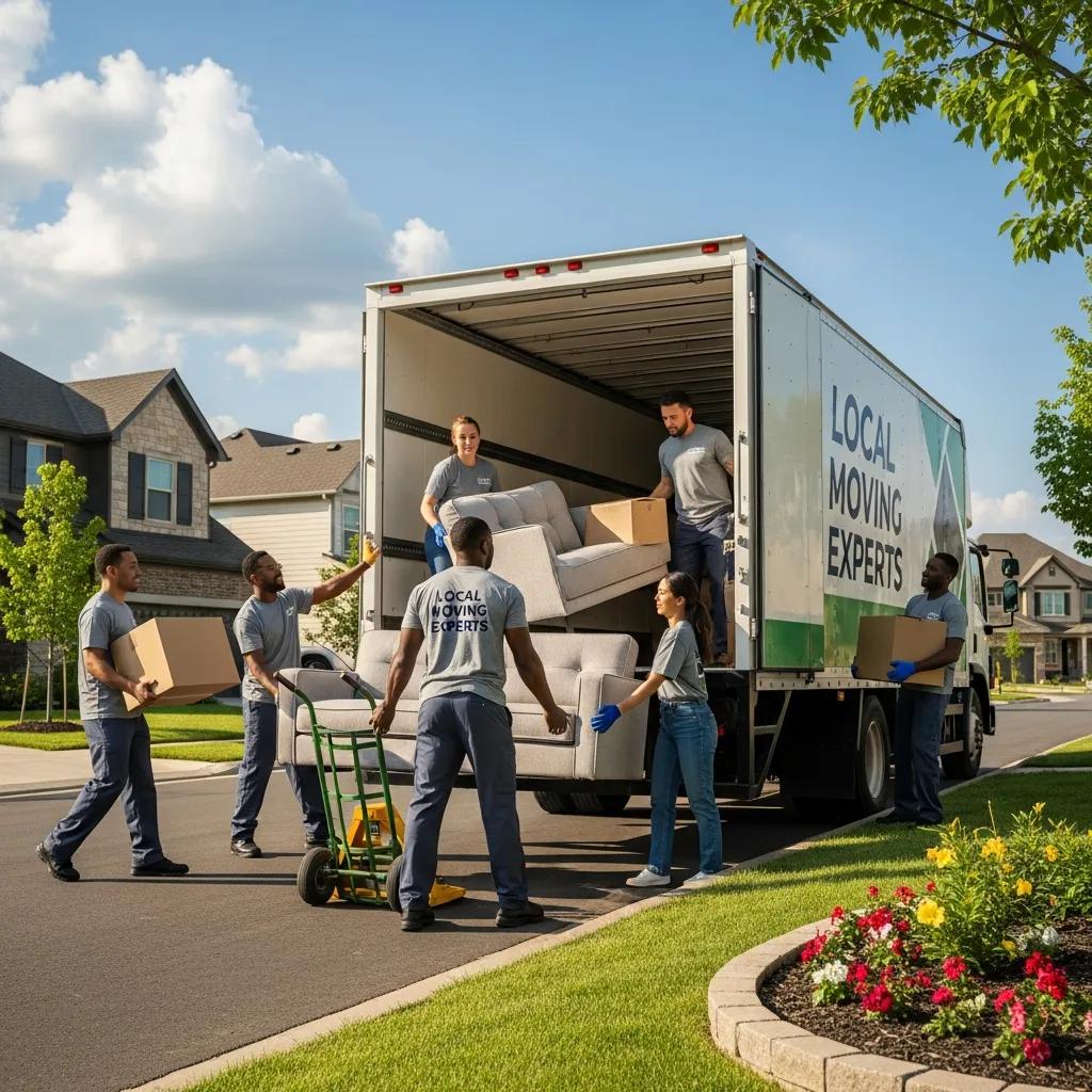 Professional movers loading furniture into a truck in a residential area, highlighting local moving services