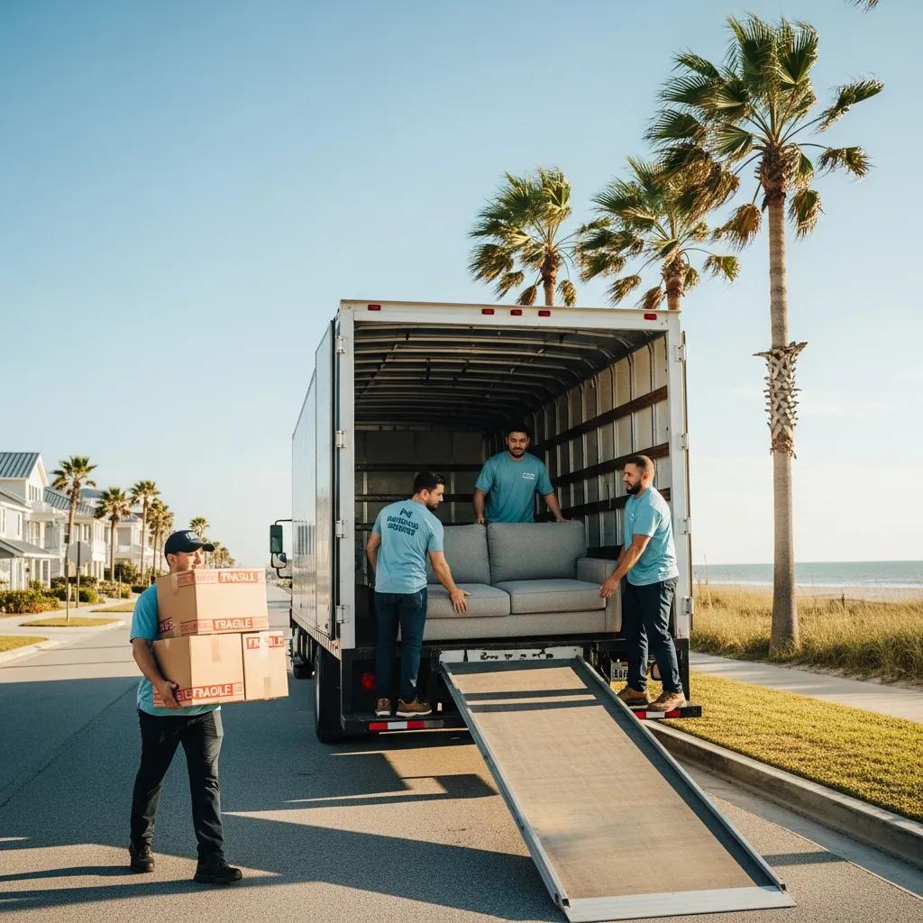 Professional movers loading a sofa into a moving truck on a sunny day in Neptune Beach, showcasing local moving services and expertise in residential relocations.