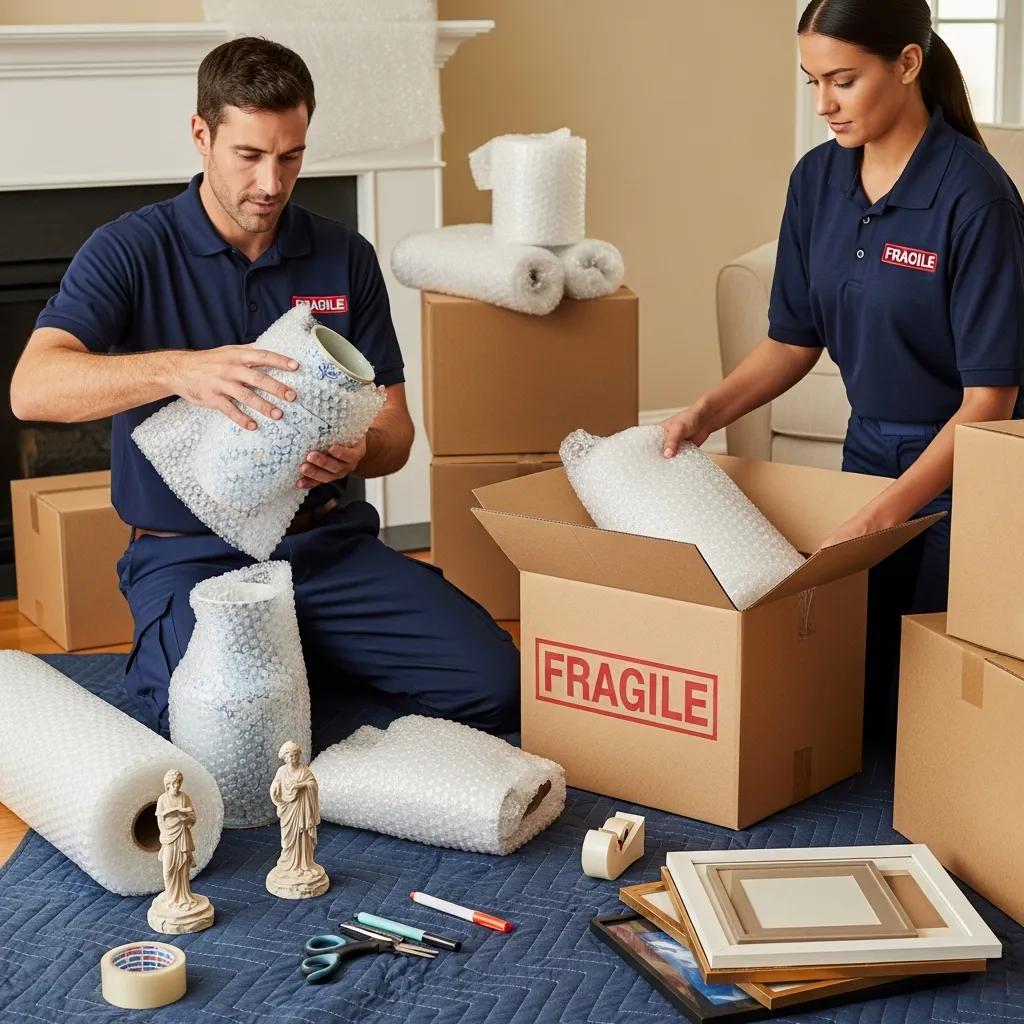 Professional movers packing fragile items securely for an interstate move