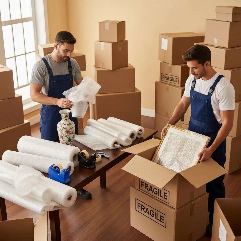 Professional movers packing fragile items securely, highlighting quality packing services