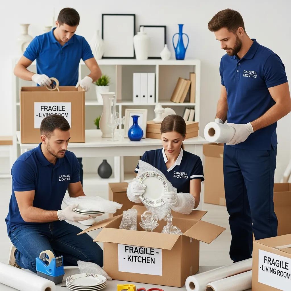 Professional movers carefully packing fragile kitchen items into boxes labeled "FRAGILE - KITCHEN" and "FRAGILE - LIVING ROOM," showcasing expertise in relocation services for long-distance moves.