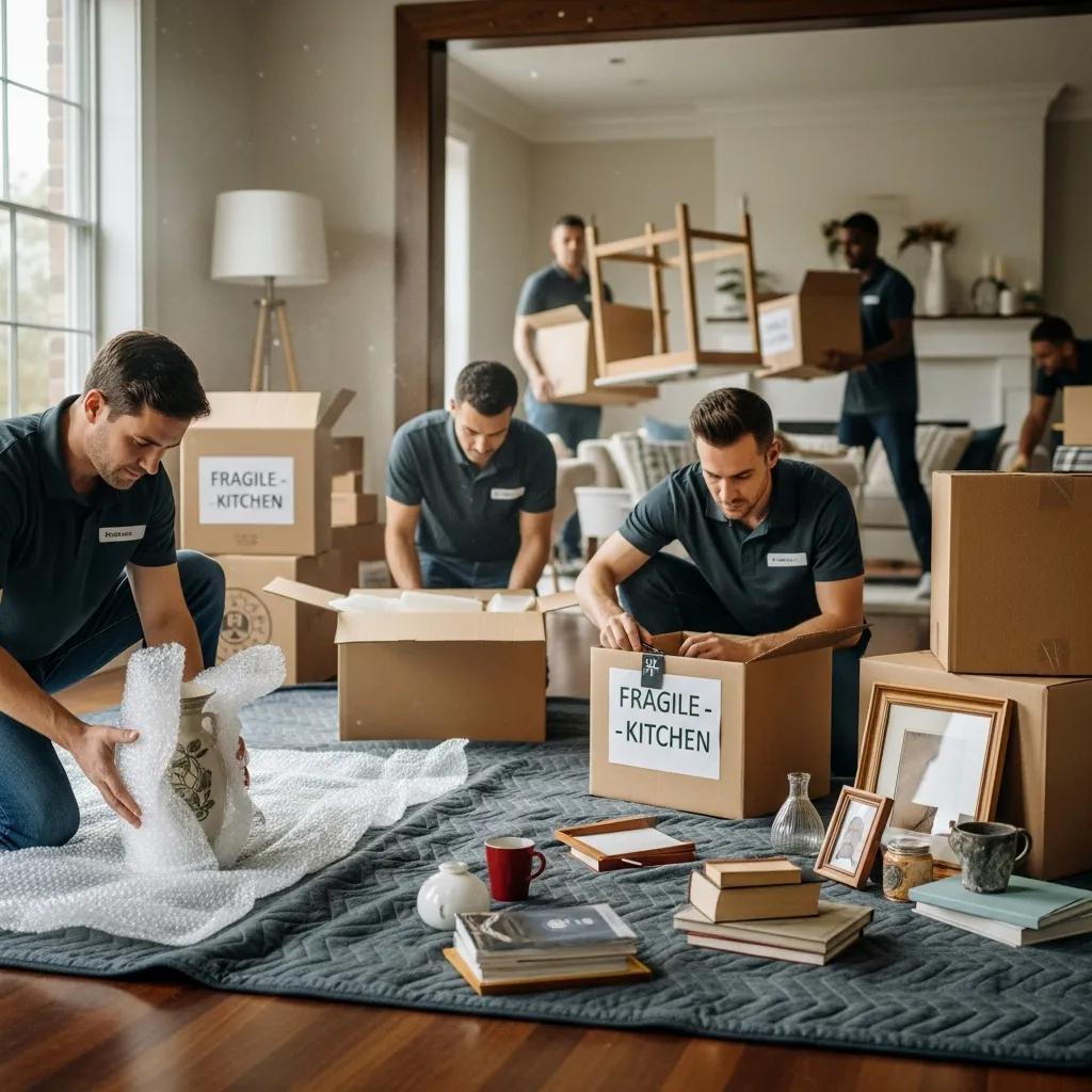 Professional packers organizing and packing items in a home, showcasing the efficiency of packing services