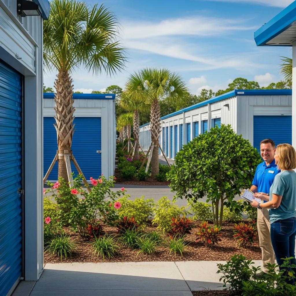Secure storage facility in Neptune Beach, FL, featuring well-maintained units, palm trees, and a friendly staff member assisting a customer.