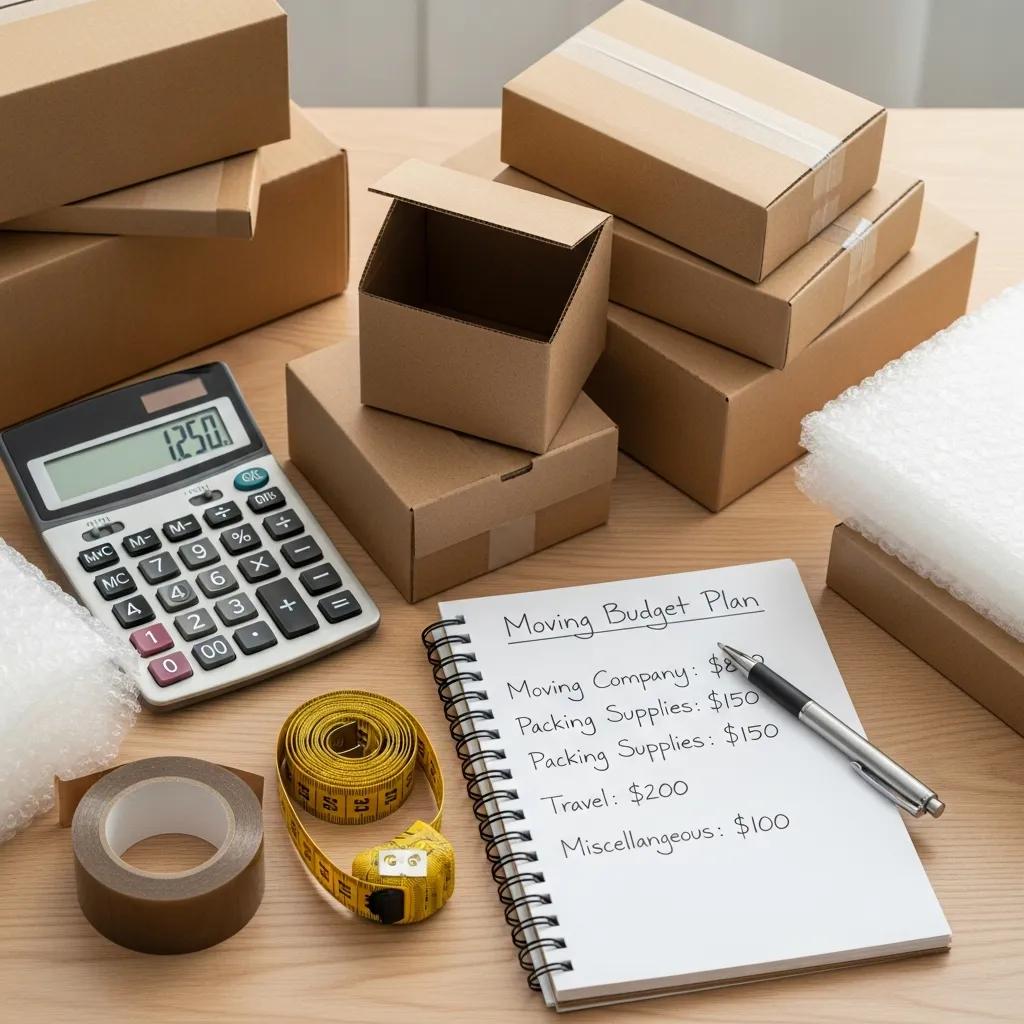 Calculator and moving supplies representing budgeting for long-distance moving costs