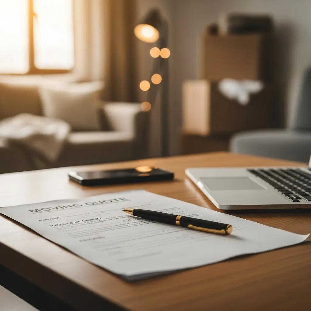 Moving quote document on a wooden table with a black pen, laptop, and smartphone, set in a cozy room with moving boxes in the background, illustrating the process of obtaining flat rate moving services.