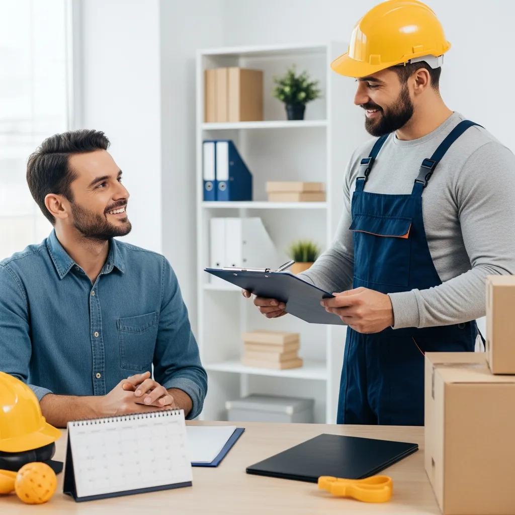 Customer discussing hourly moving rates with a professional mover in an office setting, featuring moving supplies and documents on the table.