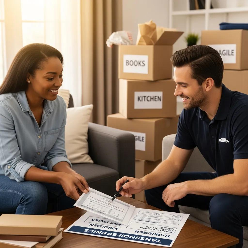 Customer discussing flat rate moving options and transparent pricing with a mover, highlighting benefits of predictable costs, in a setting with moving boxes labeled "Books," "Kitchen," and "Fragile."