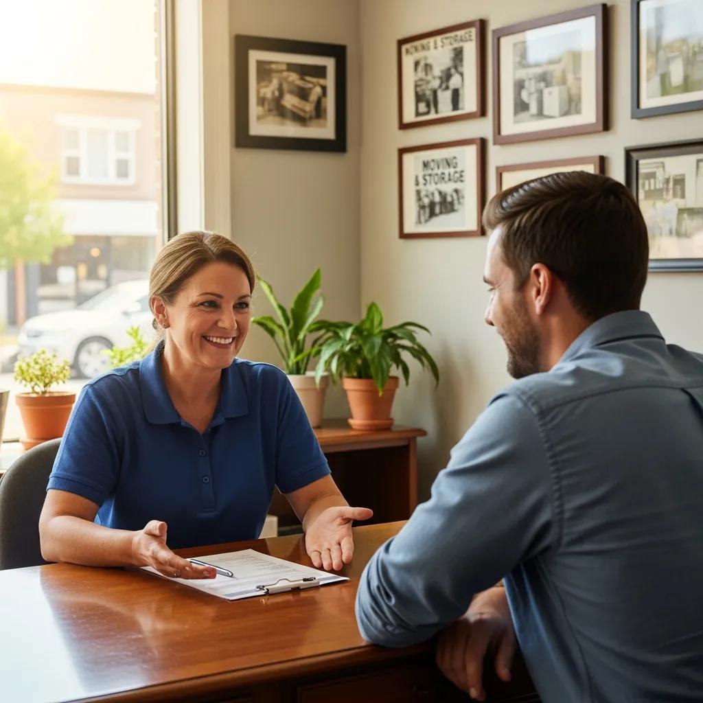 Family-owned business representative assisting a customer in a welcoming office setting at Skinner Moving & Storage, emphasizing personalized service and customer care.