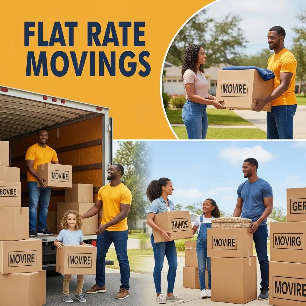 Family packing and moving boxes labeled "Flat Rate Movings," showcasing teamwork and organization for a relocation in Southside Jacksonville.