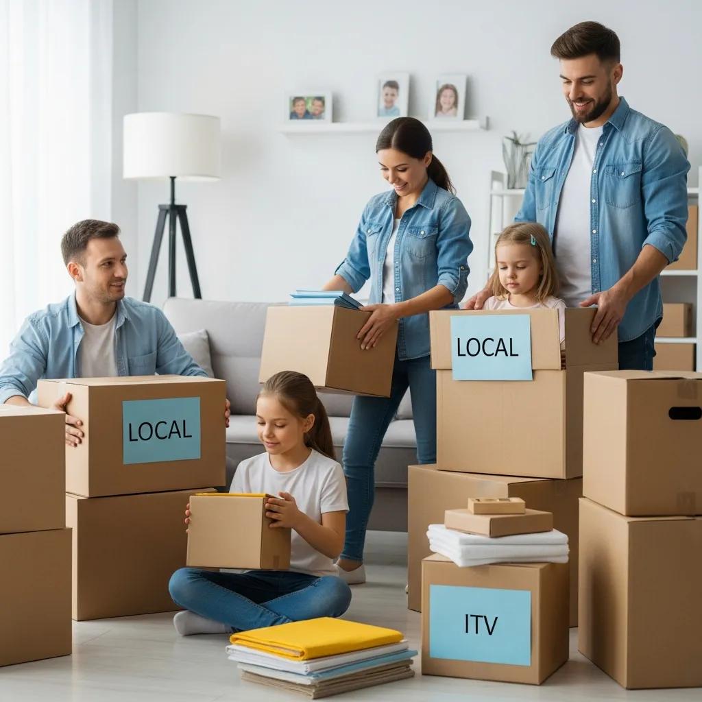Family engaging in organized packing for a local move, with labeled boxes including "LOCAL" and "ITV," illustrating preparation for a stress-free relocation.
