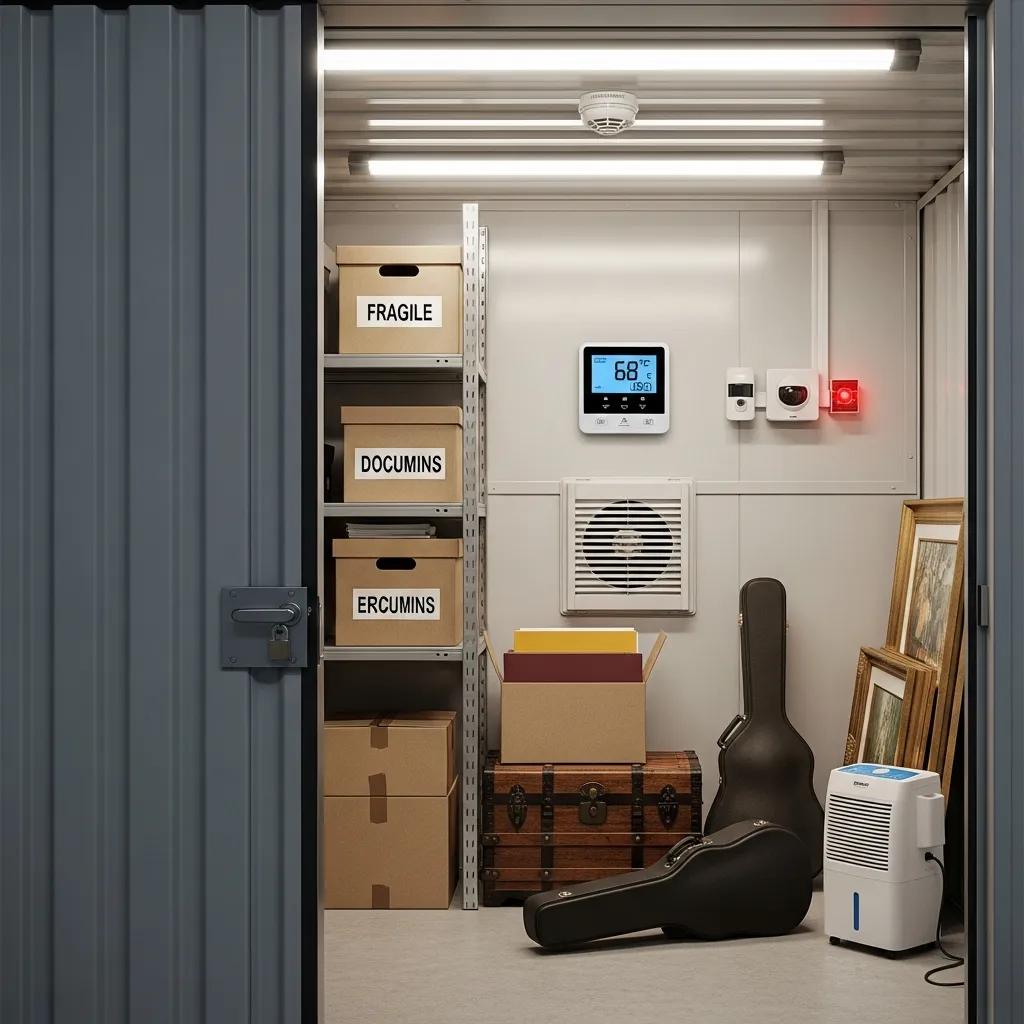 Interior of a climate-controlled storage unit featuring security measures, including temperature control display, alarm systems, and organized boxes labeled "FRAGILE," "DOCUMENTS," and "ELECTRONICS," alongside a guitar case and air conditioning unit.