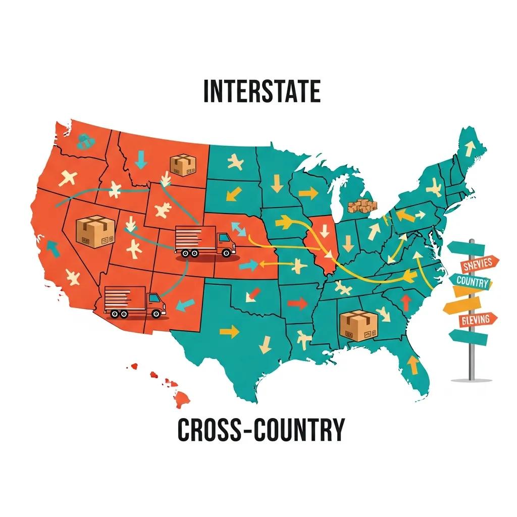 Map illustrating differences between interstate and cross-country moving routes in the U.S.