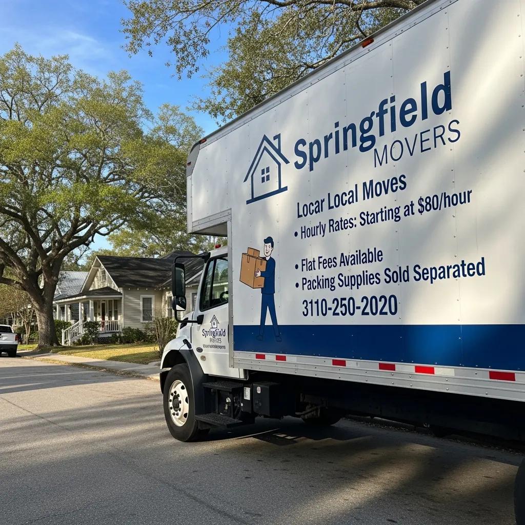 Moving truck with pricing details parked in a residential neighborhood in Springfield, FL